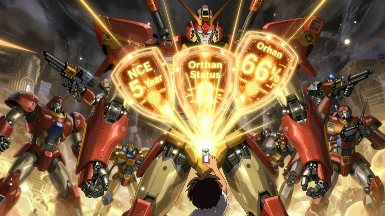 A pharmaceutical mecha extends multiple protection shields after a child’s vial triggers pediatric exclusivity.