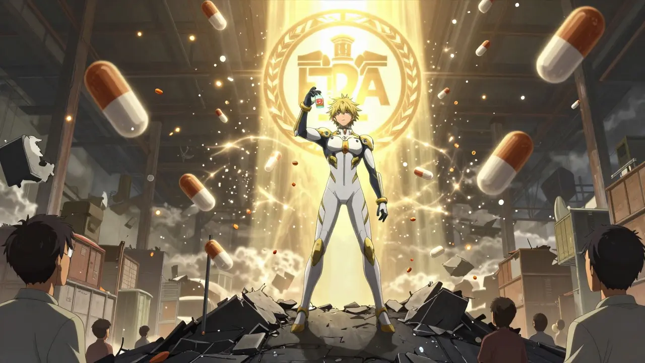 A pharmacist stands atop a warehouse as counterfeit pills vanish under a radiant FDA emblem.