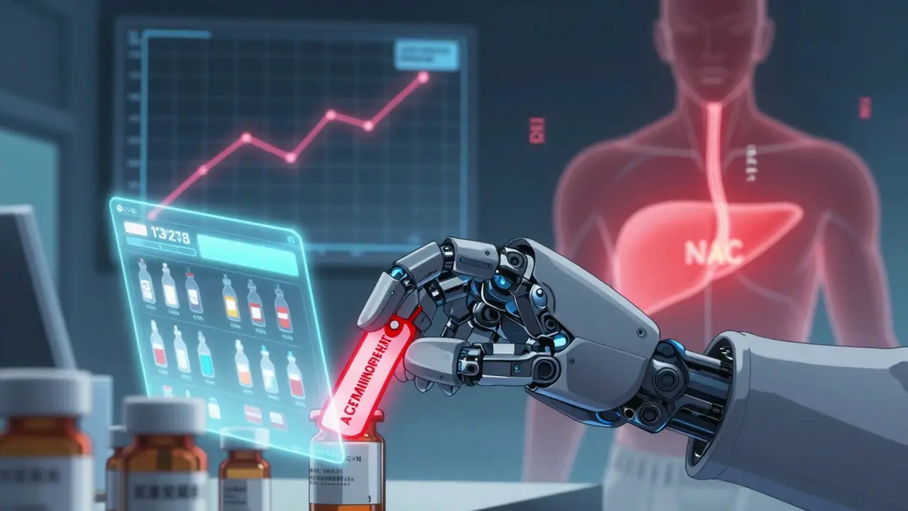 A robotic pharmacist places an alert tag on pills, with a holographic dose counter and NAC antidote flowing into a patient's liver.