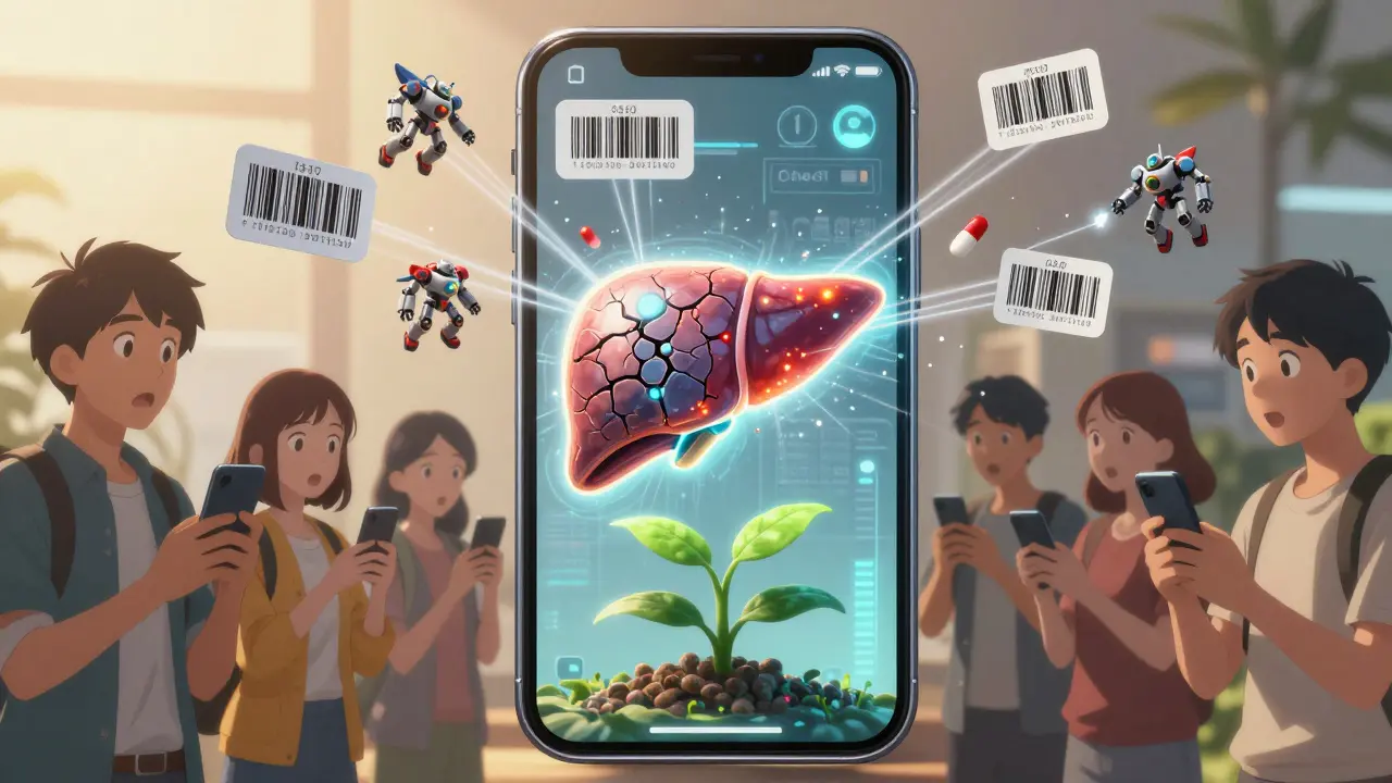 A smartphone app scans pills, projecting a damaged liver model and a growing plant symbol, as people react with shock and relief.