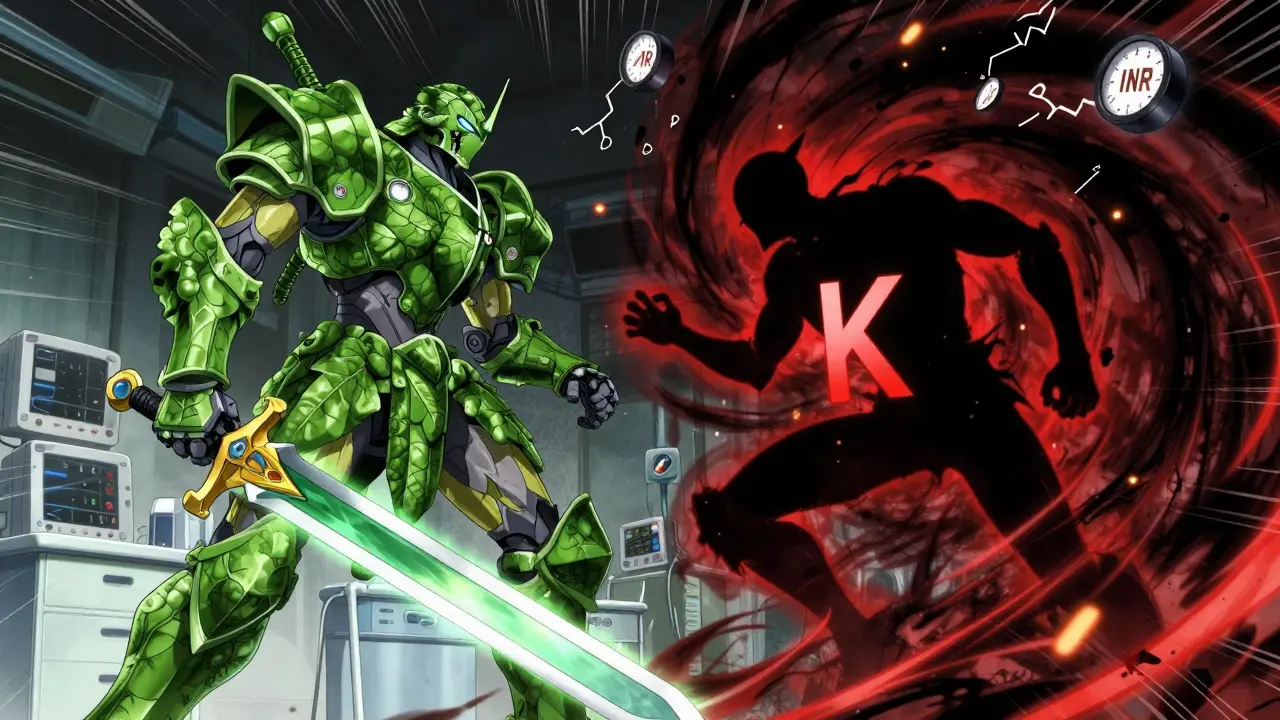 A spinach-armored knight battles a vitamin K vortex as INR meters break in a hospital battlefield.