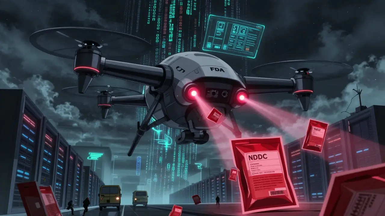 A surveillance drone scans counterfeit drug packages with holographic data streams.