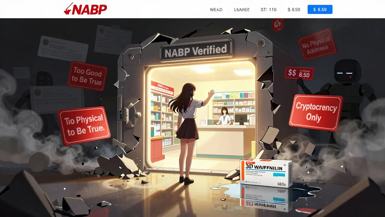 A woman stands before a crumbling scam website, reaching toward a safe portal marked 'NABP Verified', with golden light revealing a licensed pharmacy.