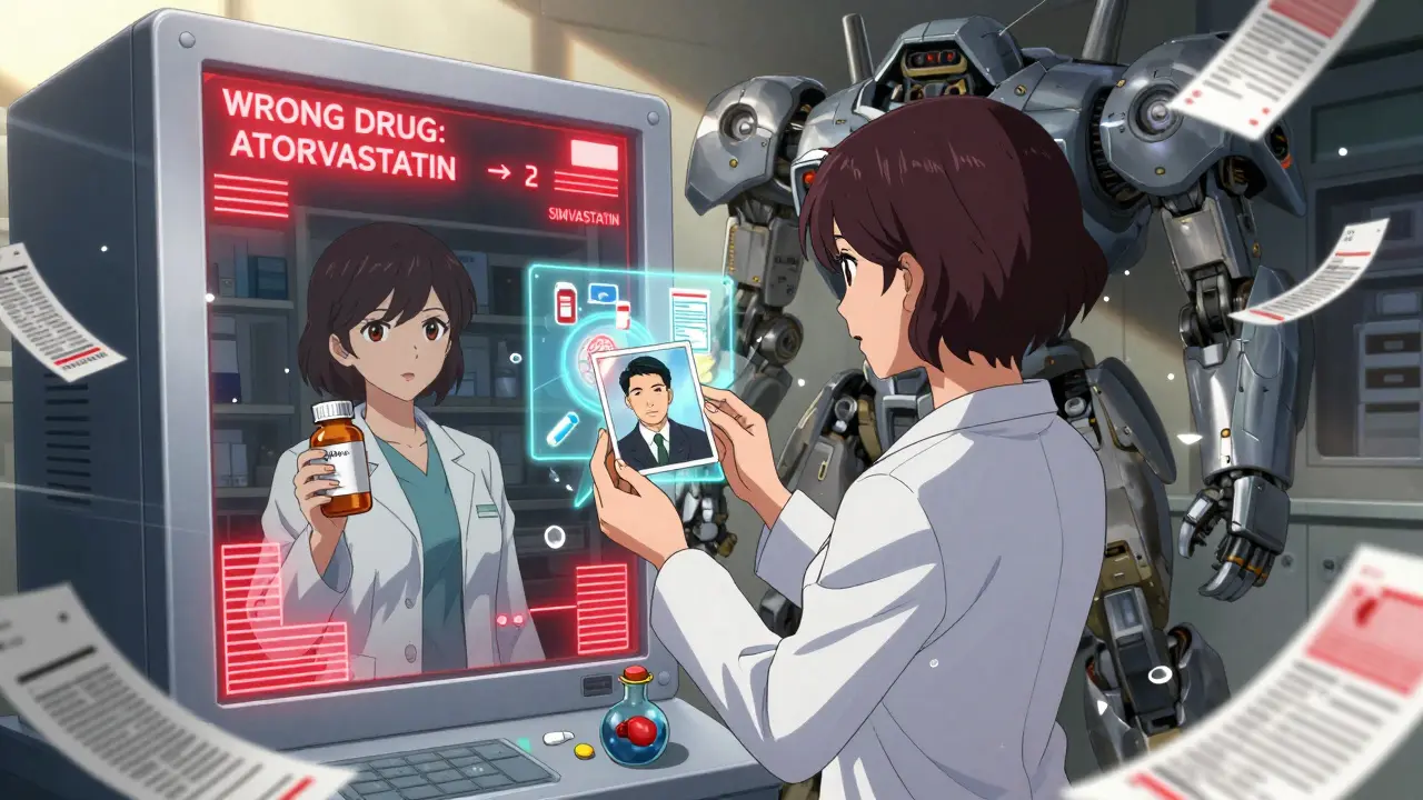 A woman stands before a giant pharmacy machine flashing drug error alerts, holograms of critical medications glowing around her.