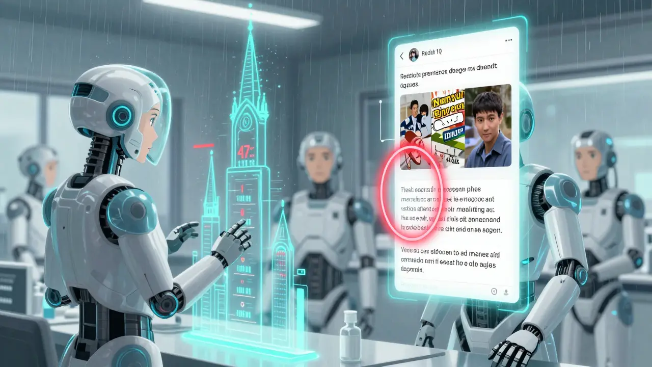 AI assistants in a lab analyze patient reports on holograms, filtering noise to detect real safety signals.