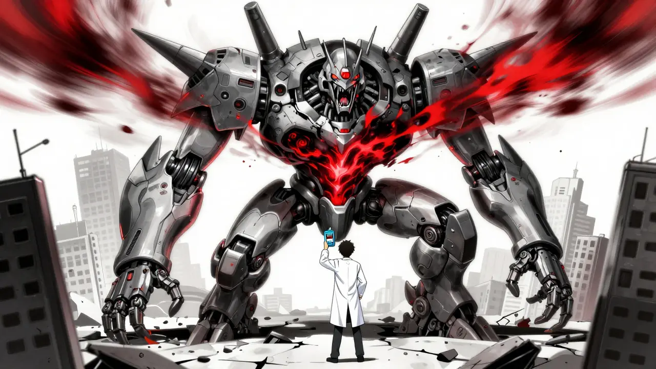 An anxiety mech with jagged armor and storm-like energy, being calmed by a doctor in a dystopian city.