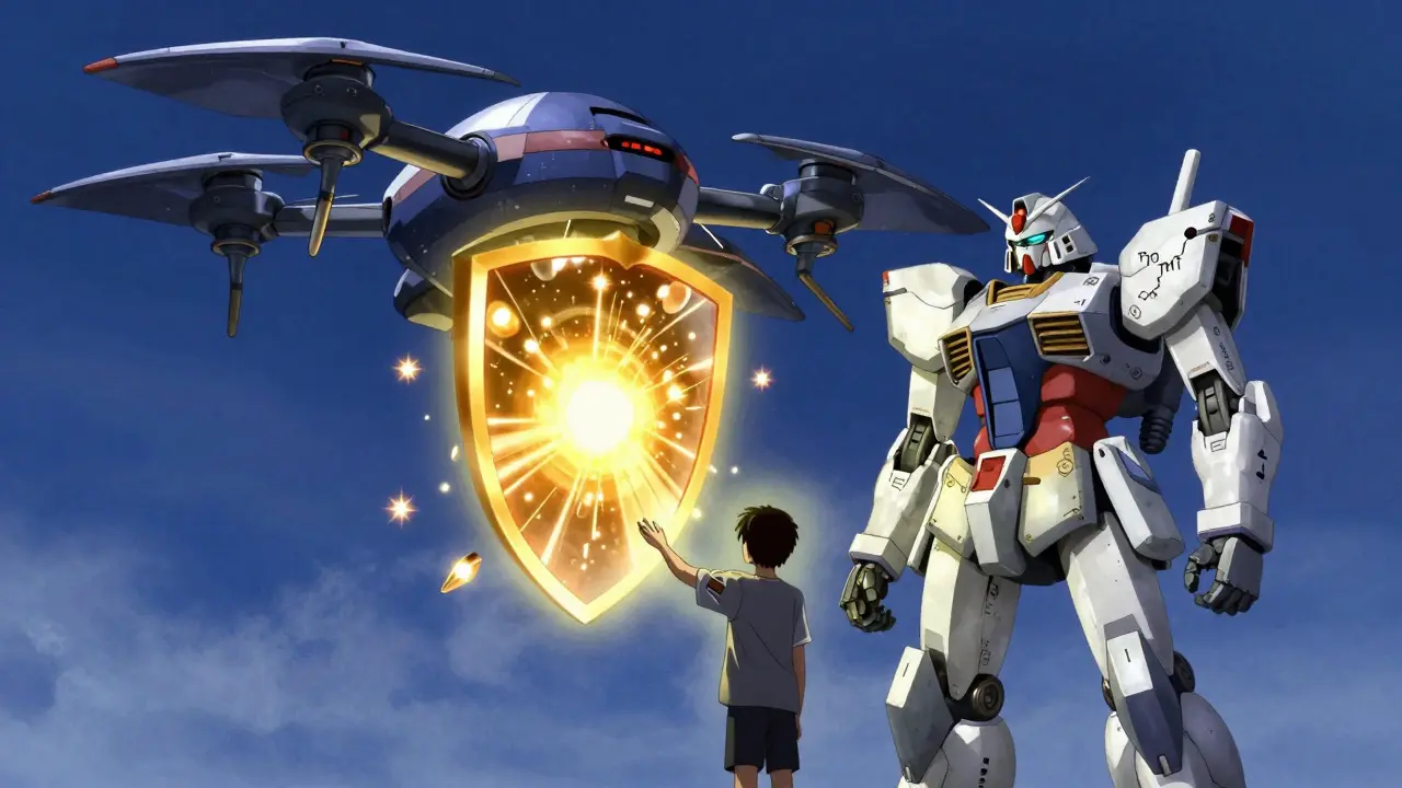 An azathioprine drone shielding a prednisone mech from side effects, with a patient pilot above.