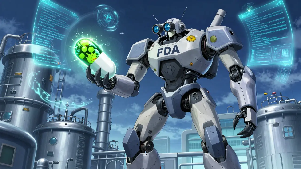 An FDA inspection mech examines a generic pill, revealing hidden impurities with glowing veins.