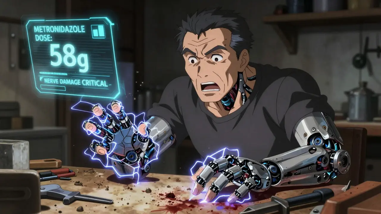 Carpenter's hands sparking with electricity as nerve signals fail, tools scattered around him in a workshop.