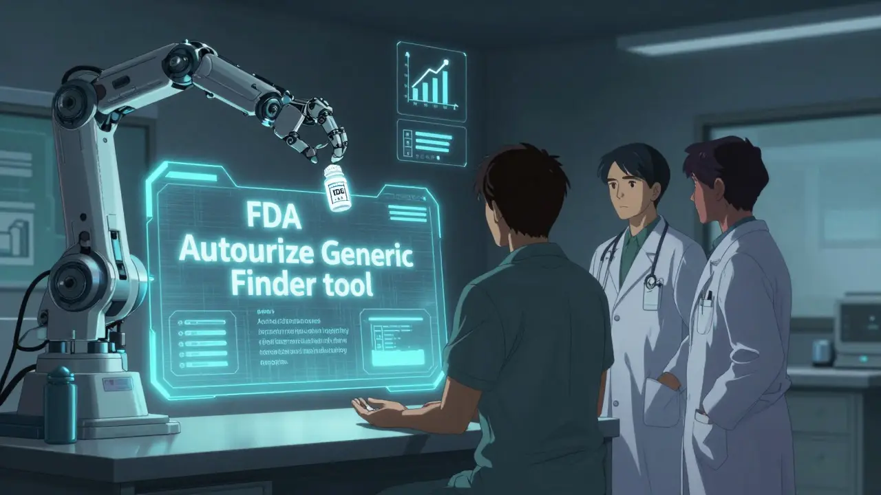 Doctor and patient viewing FDA Authorized Generic Finder hologram, mechanical arm delivering the exact same pill as the brand.