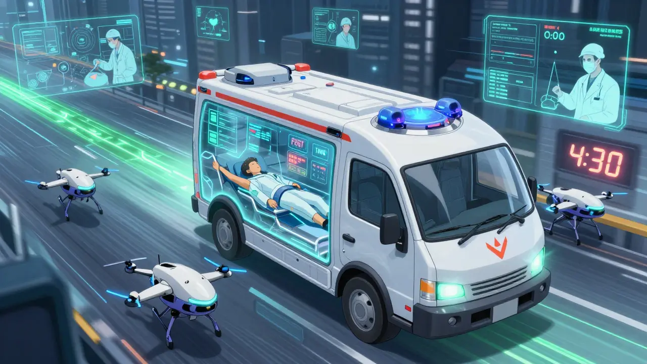 Futuristic ambulance racing through cyber-city with holographic stroke warning indicators.
