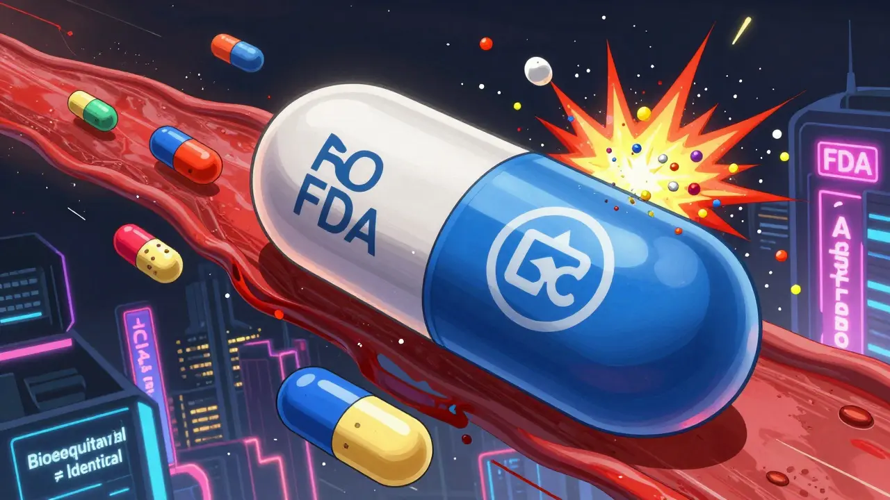 Giant authorized generic pill battleship flying through bloodstream, defeating chaotic generic capsules made of harmful additives.