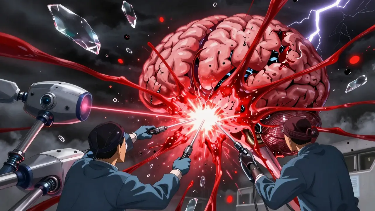 Giant robotic brain erupting with blood, surgeons using drones to seal the rupture.