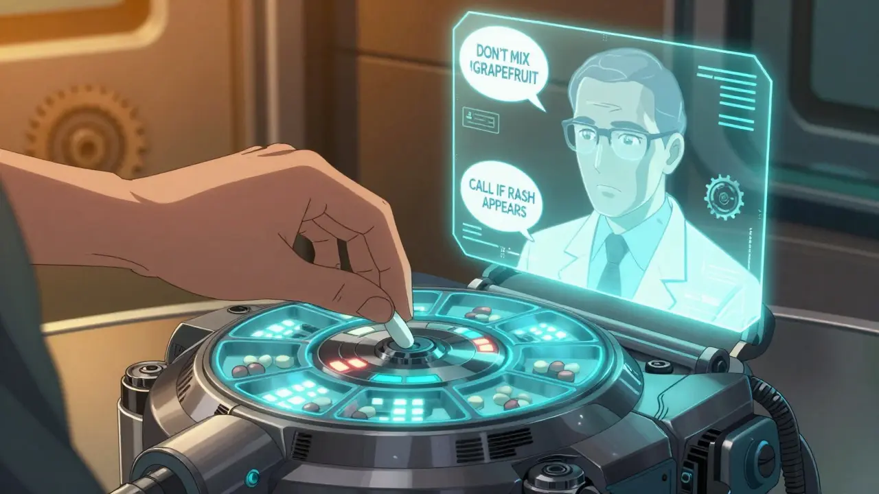 Hand placing pill into high-tech organizer with floating medical warnings.