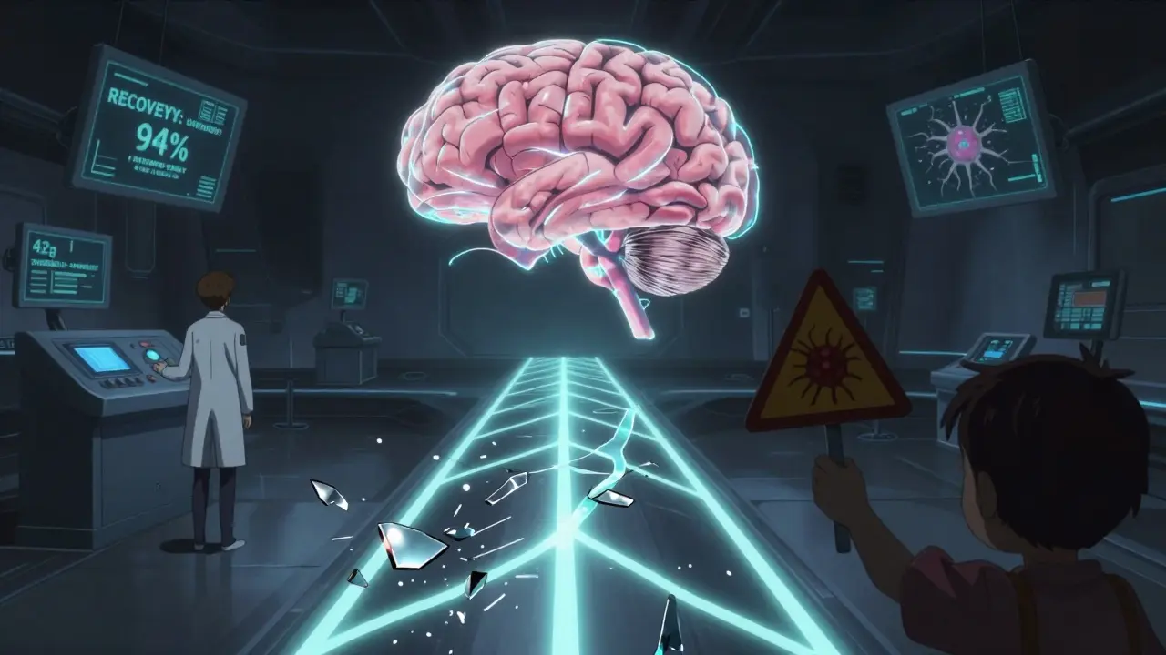 Neural highway with broken connections, a figure at a control panel warning of the 42g danger threshold.