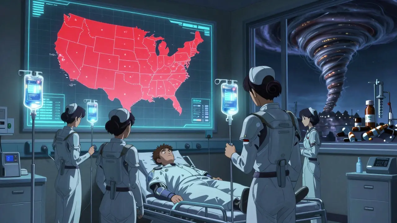 Nurses in medical armor rationing glowing IV bags as a holographic climate map shows expanding disaster zones.