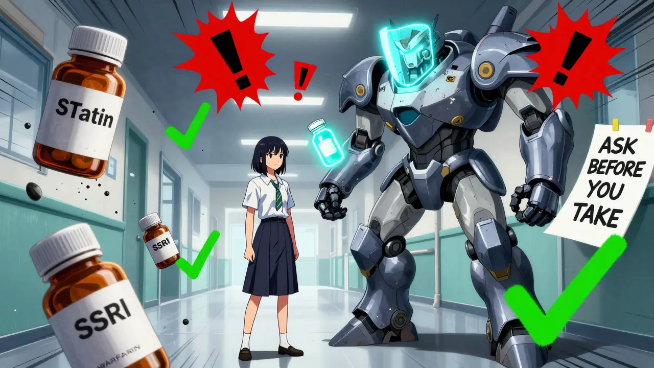 Patient facing crumbling drug bottles as a mech pharmacist offers a safer alternative.