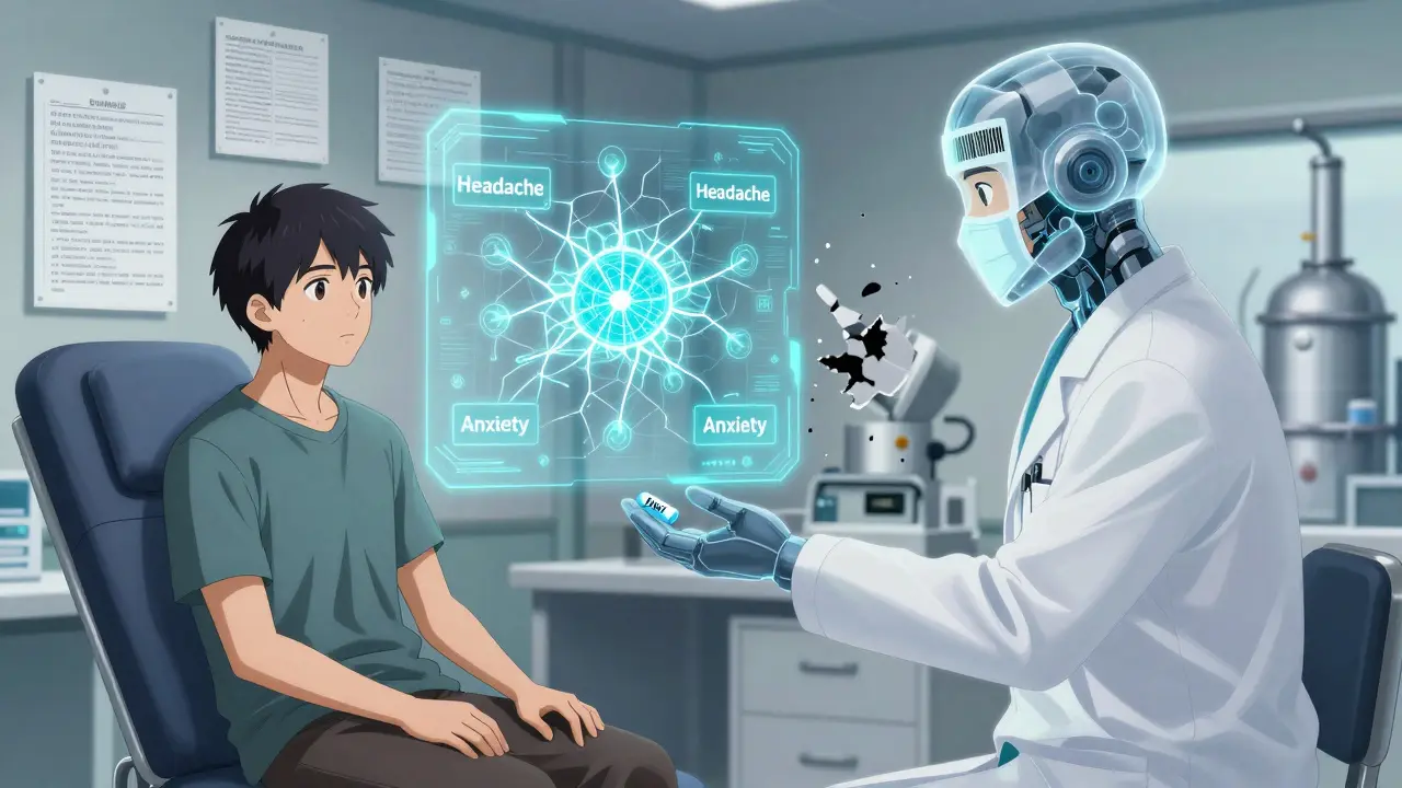 Patient in doctor's office with holographic neural damage markers, a mecha-therapist offering a DAW-1 pill amid a broken generic factory.