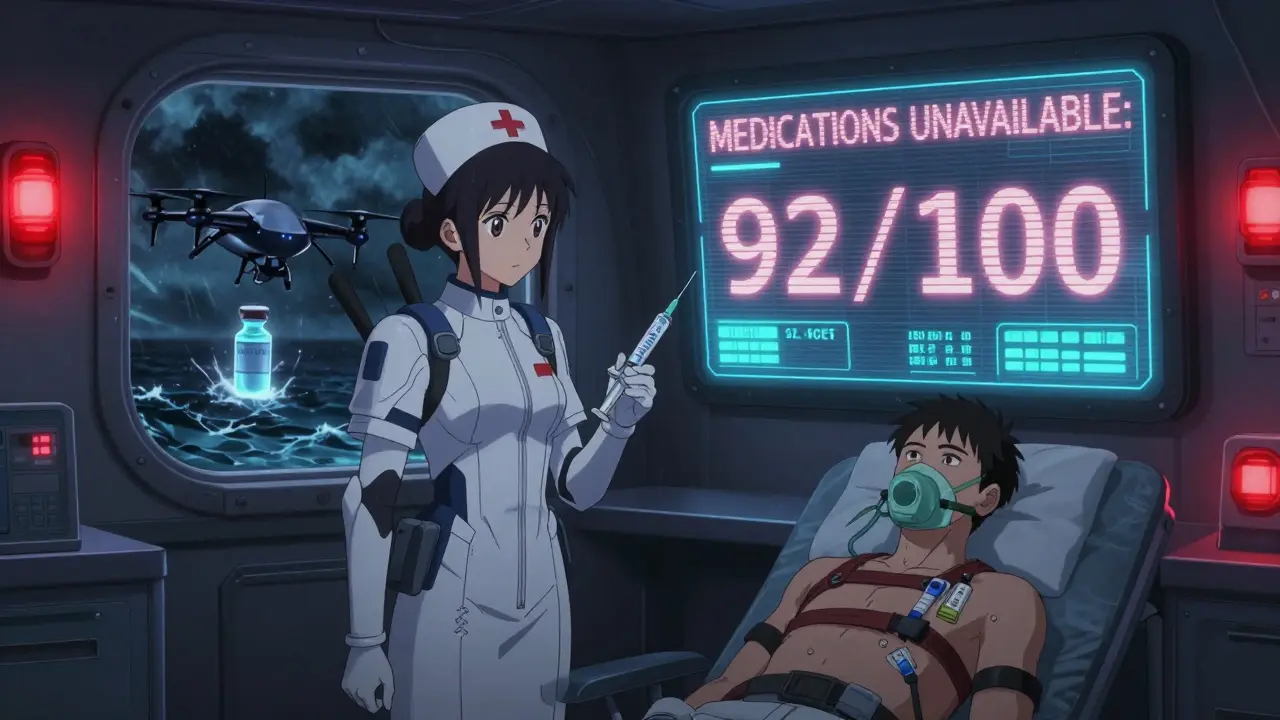 Patient in medical center facing a screen showing 'MEDICATIONS UNAVAILABLE' as storm rages outside.