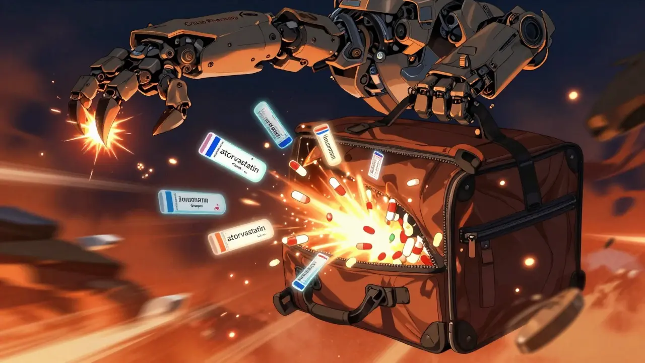 Pills scattering from an open carry-on bag with holographic prescription labels floating around.