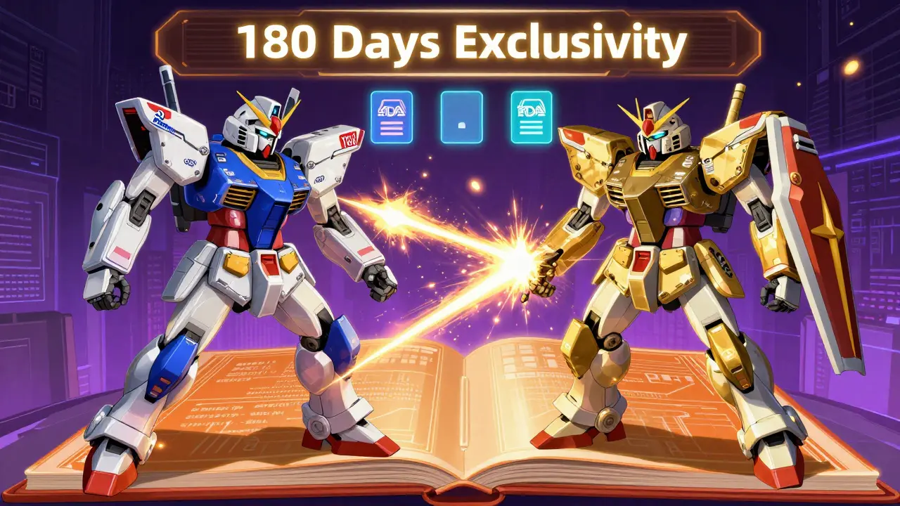 Two corporate mechs battle inside a glowing Orange Book interface, with a countdown for 180-day exclusivity above them.