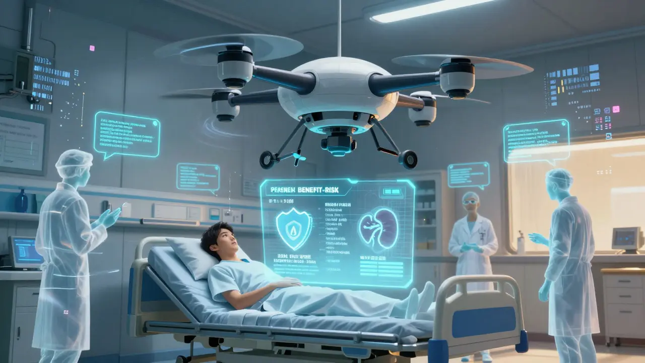 A drone projects holographic health data over a hospital bed with animated icons and glowing code.