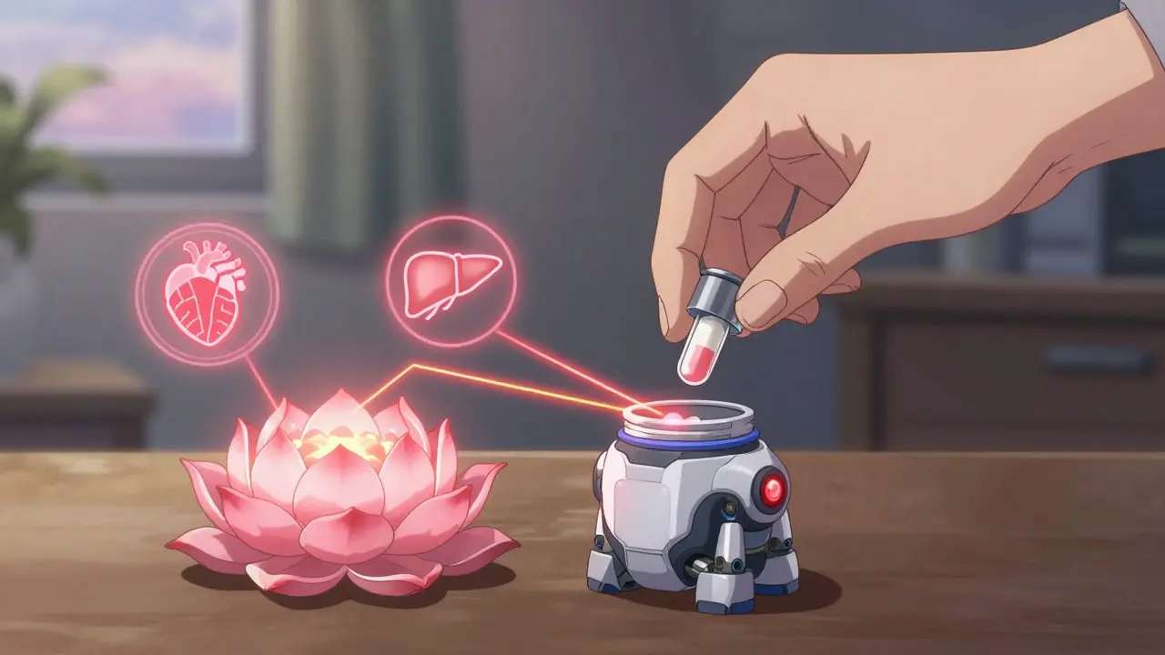 A hand places a capsule into a lotus-shaped pill dispenser with glowing medical icons representing restored health.