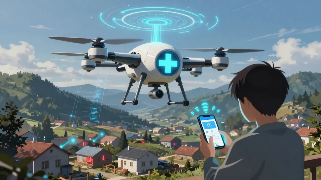 A medical drone scans remote homes, detecting health risks through walls with glowing data streams.
