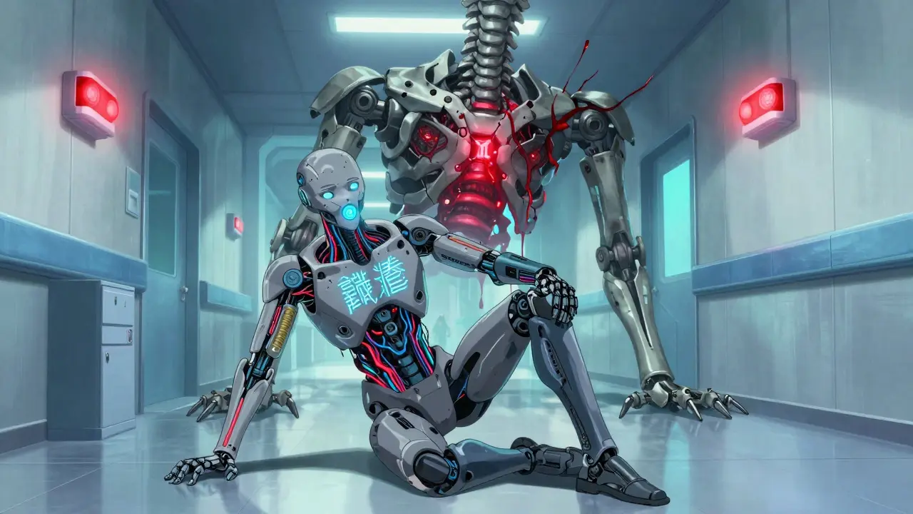 A neural android with paralysis and glowing synapses staggers through a high-tech hospital corridor.