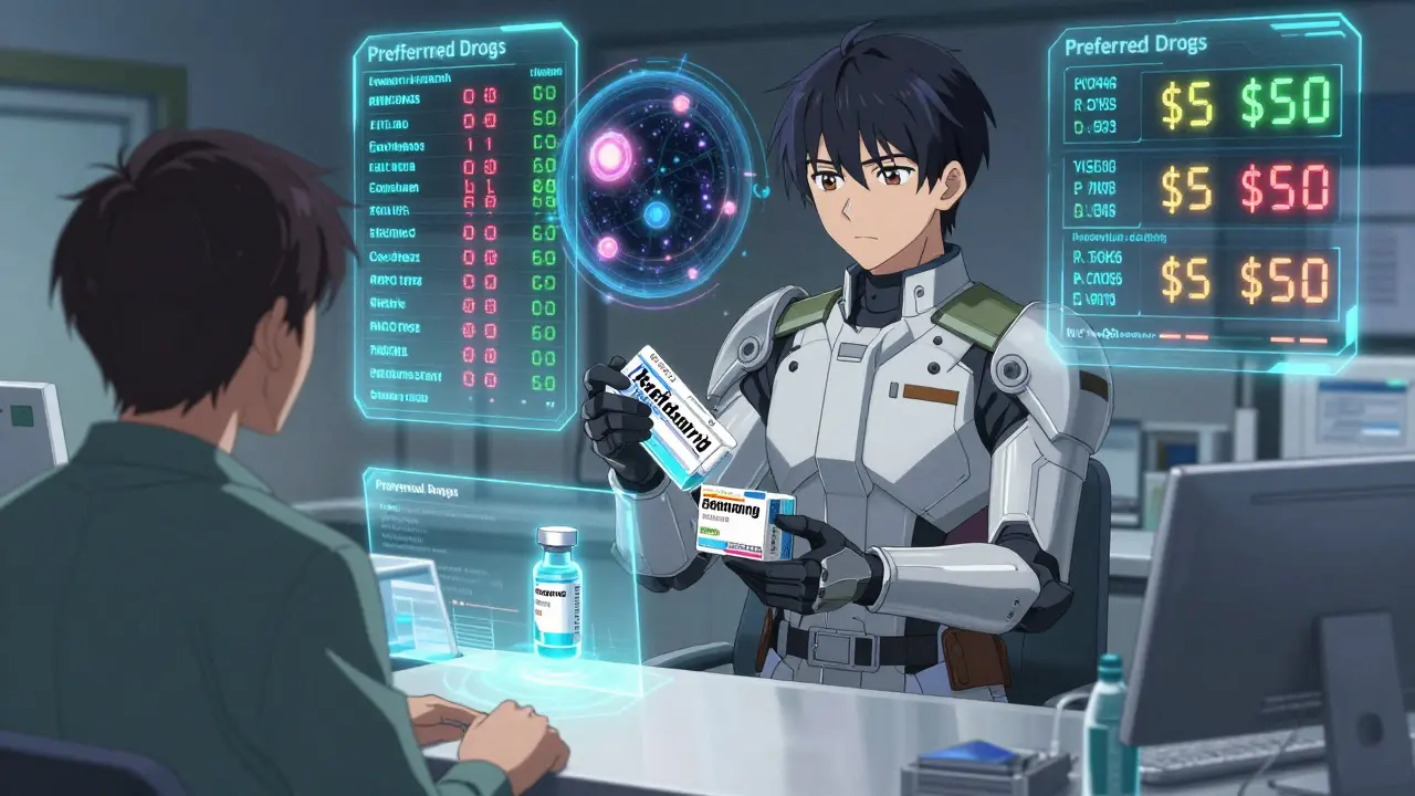 A pharmacist swaps a brand-name drug for a cheaper generic as a holographic copay display shows  vs .