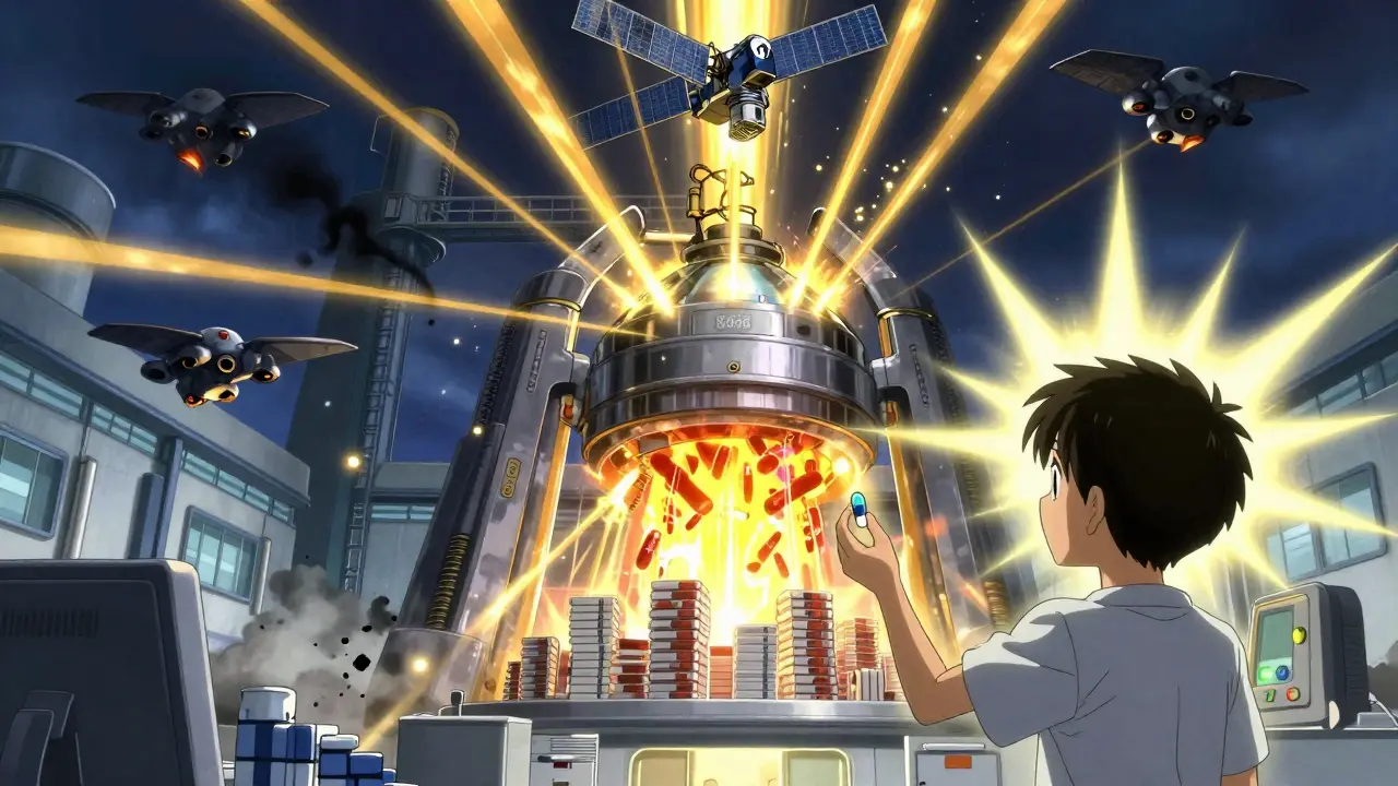 A reactor powered by generic drugs emits rebate energy toward a satellite, while expensive brand-name drugs crumble into dust.