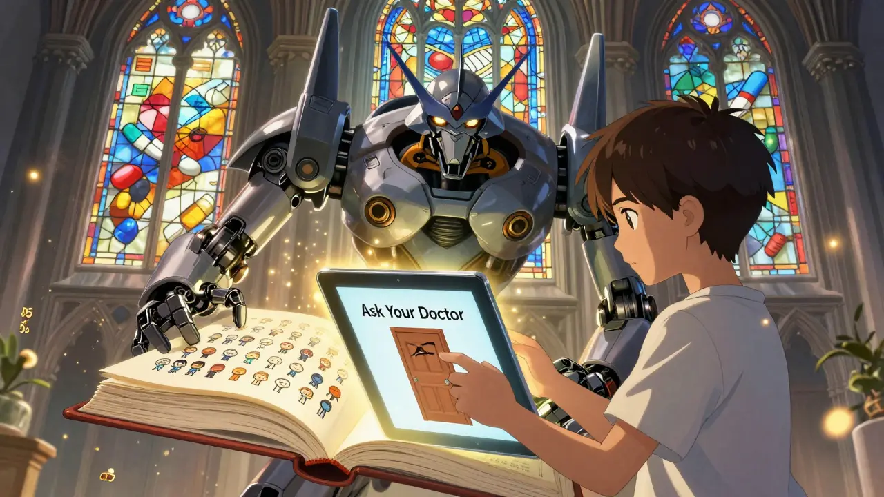 A tablet transforms into a mechanical book showing icons of 100 people, with a hidden 'Ask Your Doctor' door.
