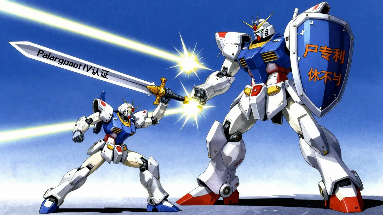 A white-and-blue generic mech battles a patent-shielded brand-name titan in a high-tech legal duel.