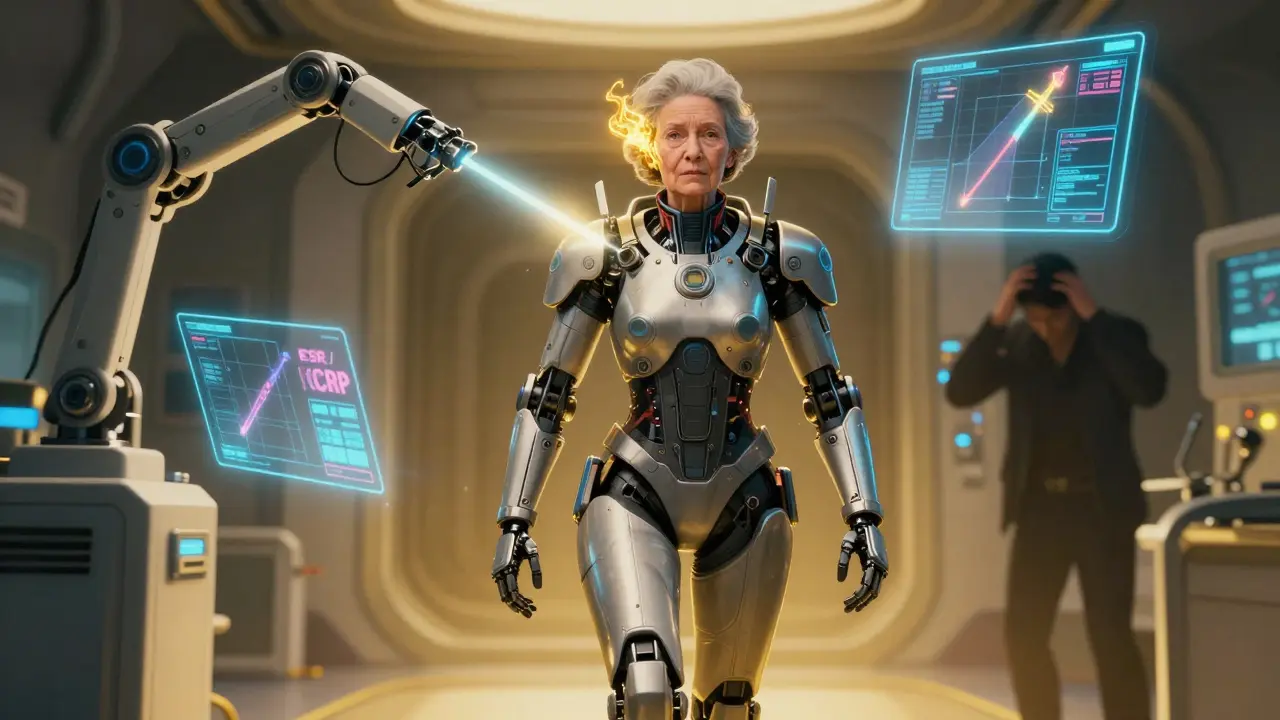 An elderly woman receives a glowing medical scan as golden energy pulses from her temple artery.