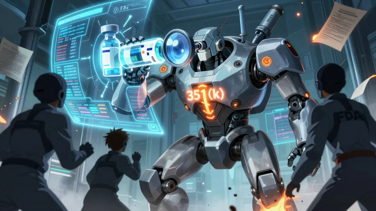 FDA inspection mech scanning a biosimilar vial while originator drugs try to block the analysis in mecha anime style.