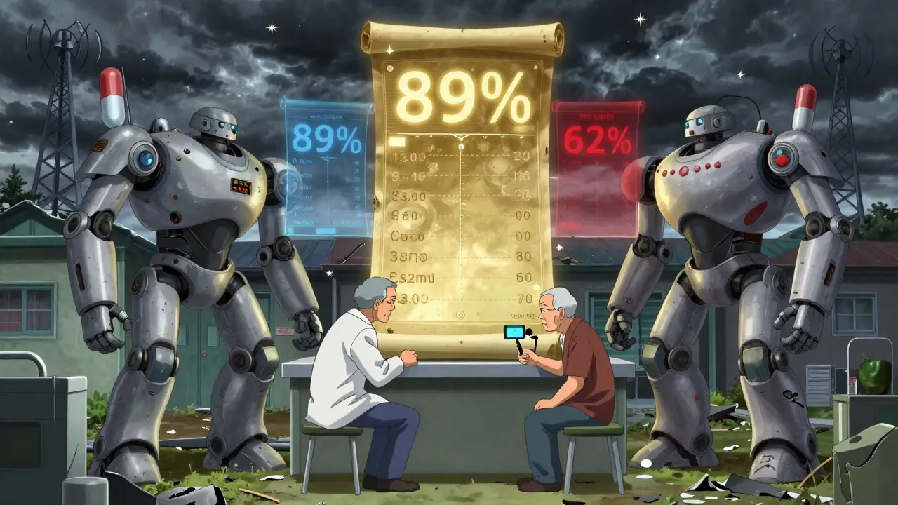 Giant pharmacist mechs guide elderly patients through audio check-ins as holographic adherence charts glow nearby.