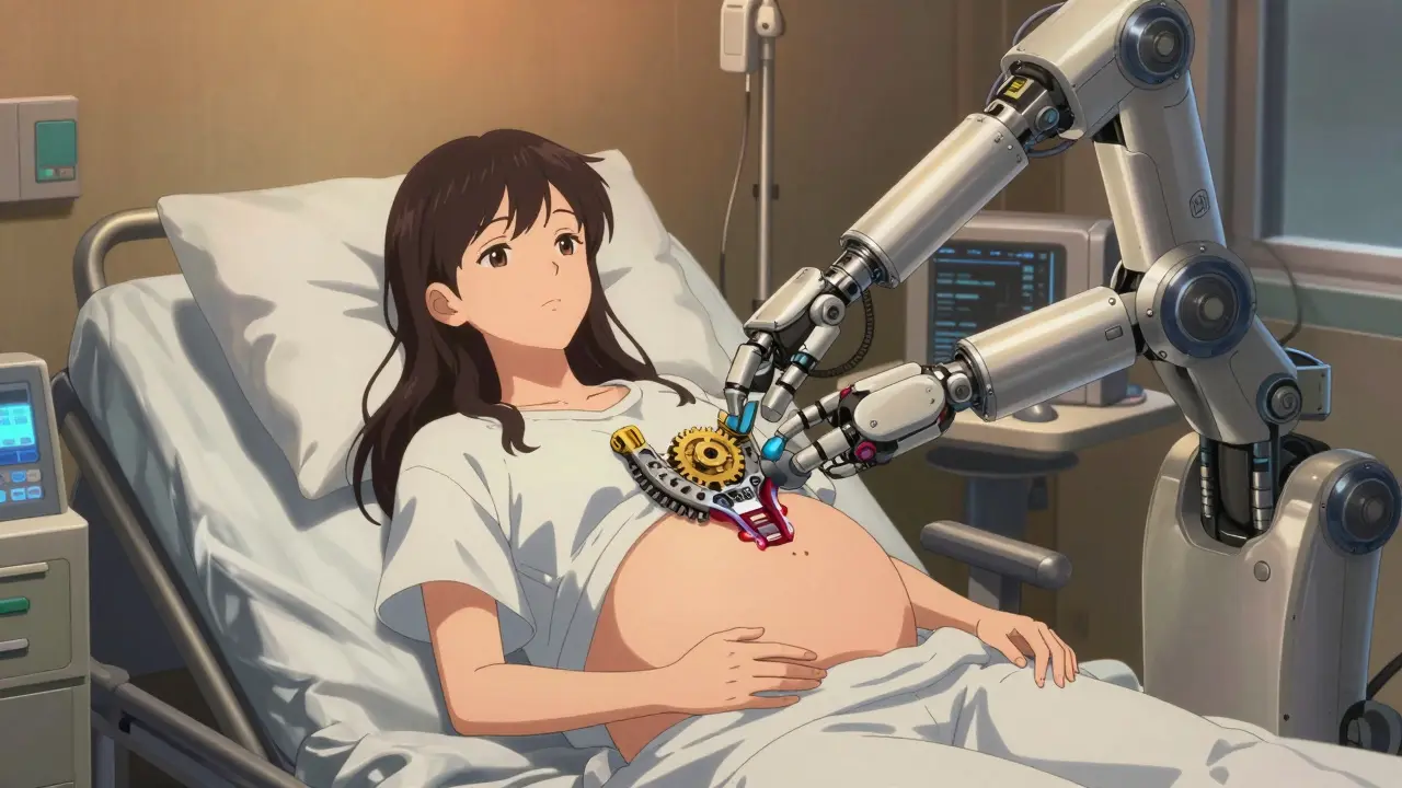 Mechanical thyroid gland adjusted by robotic arm during pregnancy treatment.