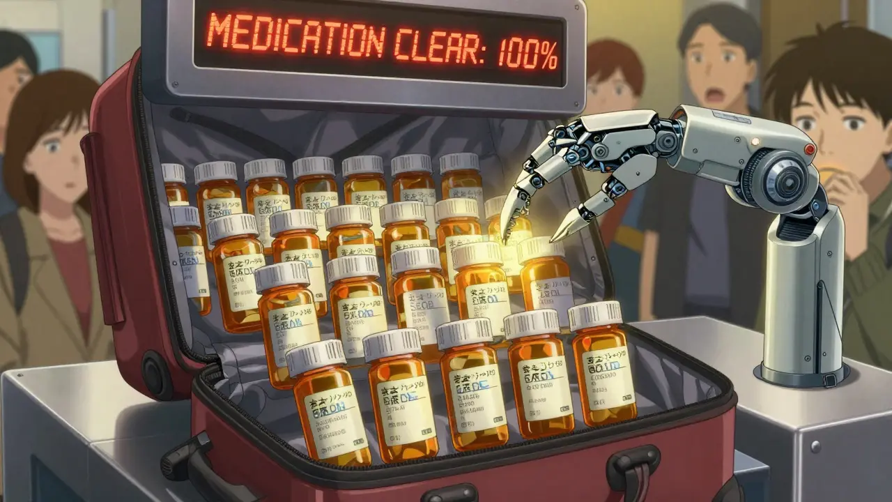 Prescription bottles floating in a carry-on bag as a robotic arm inspects them under golden light in a high-tech security area.