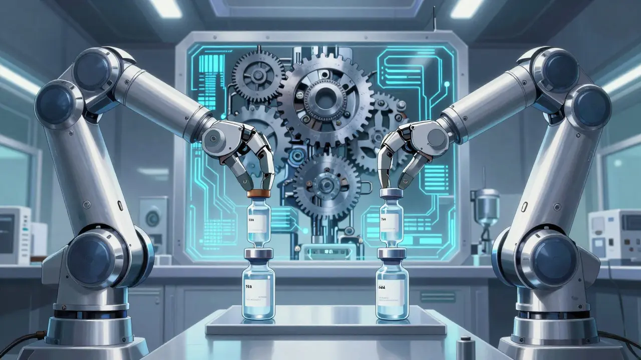 Robotic arms testing medication vials with synchronized gears in a high-tech lab.