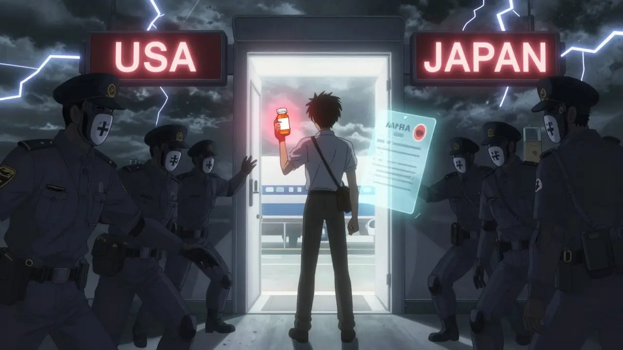 Traveler at a portal between U.S. and Japanese airports holding a pill bottle with a warning aura as customs figures reach out.