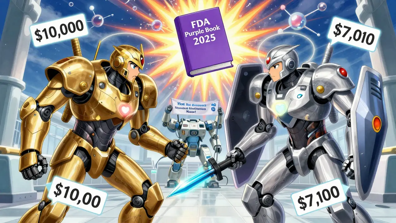 Two robotic patients duel with immune weapons as price tags and Medicare arrows float around them in anime style.