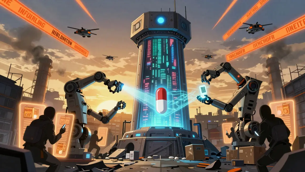 A blockchain verification tower defends against counterfeit drugs with three automated authentication systems.