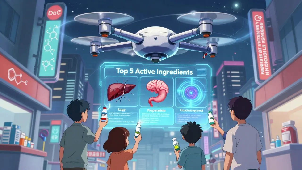 A futuristic drone hovers over a family, projecting holograms of active ingredients and their danger zones in bold animated graphics.