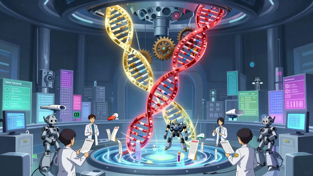 A gene-helix machine analyzing patient DNA to match optimal generic drugs, surrounded by data drones and transparency law symbols.