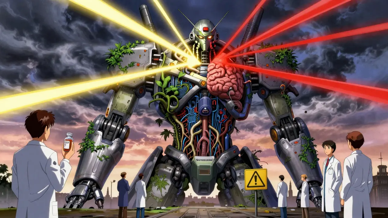 A massive trial mech with plant and brain circuits rising as conflicting data streams collide under stormy skies.