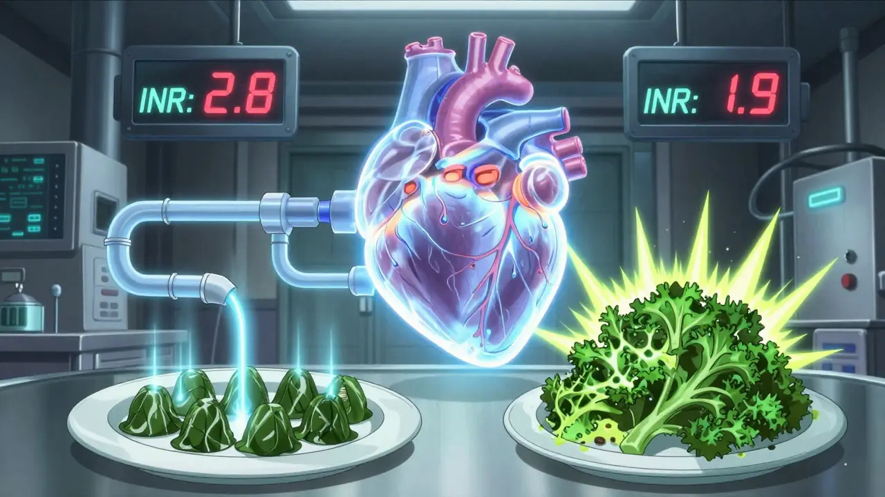 A mechanical heart connected to food intake, showing stable vs unstable INR levels.