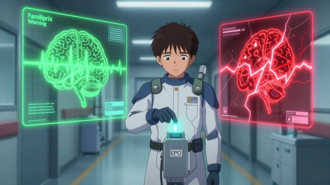 A patient inserting an EPO capsule into a neural interface as opposing brainwave holograms flash beside them in a neon hospital corridor.