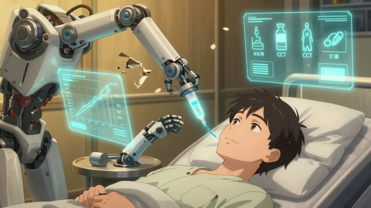 A patient receiving testosterone infusion and naltrexone in a futuristic pod, with alternative treatments glowing beside them.