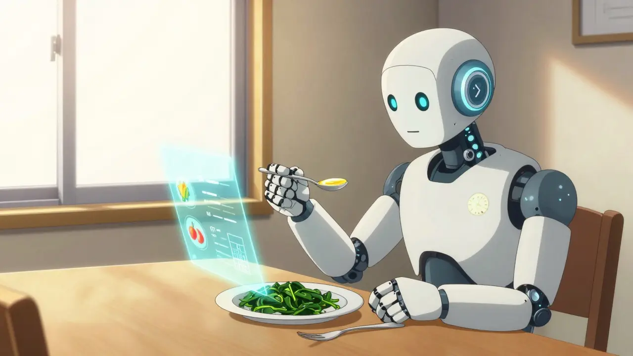 A person eating consistent spinach with a robot companion logging daily vitamin K intake.