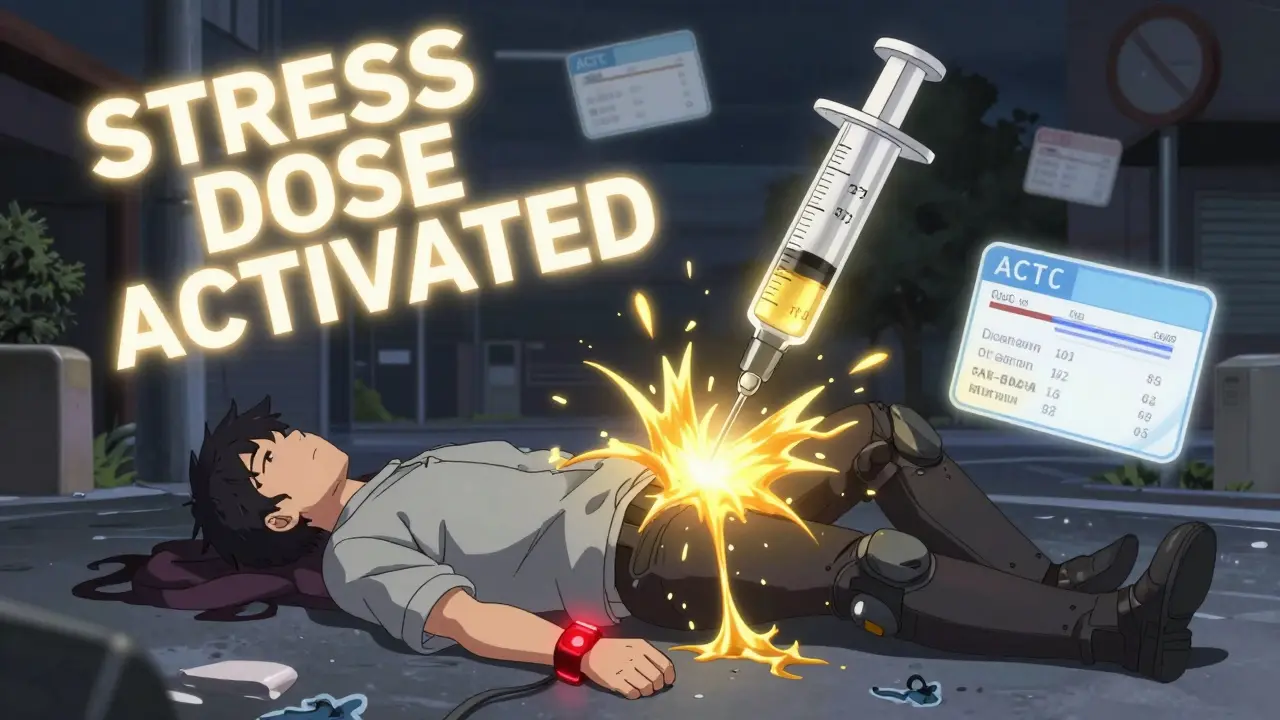 A person in medical emergency receiving a hydrocortisone injection as golden cortisol energy surges through their body.